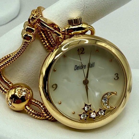 Deidre Hall Pocket Watch Necklace Crystal Accent Moon & Stars Charms MOP Face - Picture 15 of 17